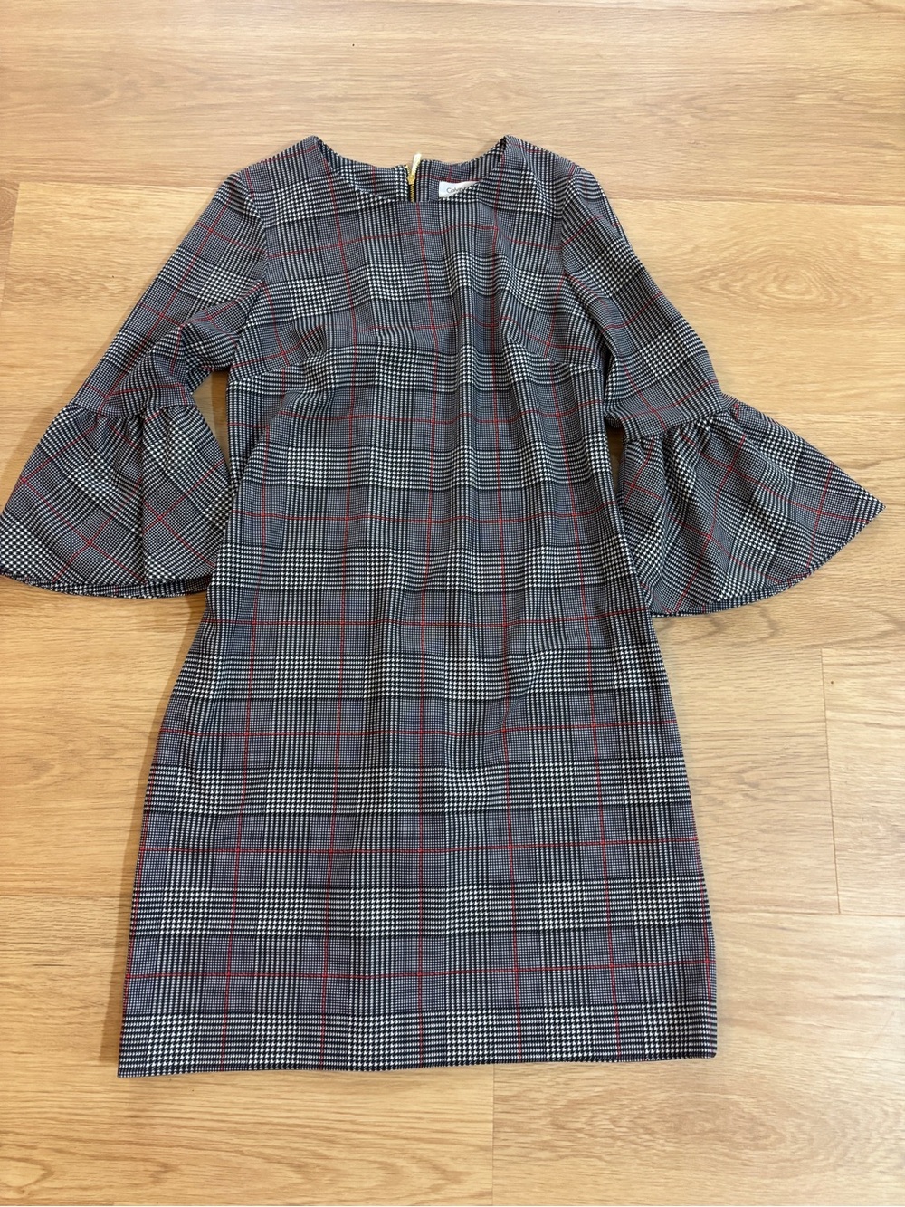 Calvin Klein Gray Plaid Midi Dress with Red Windowpane